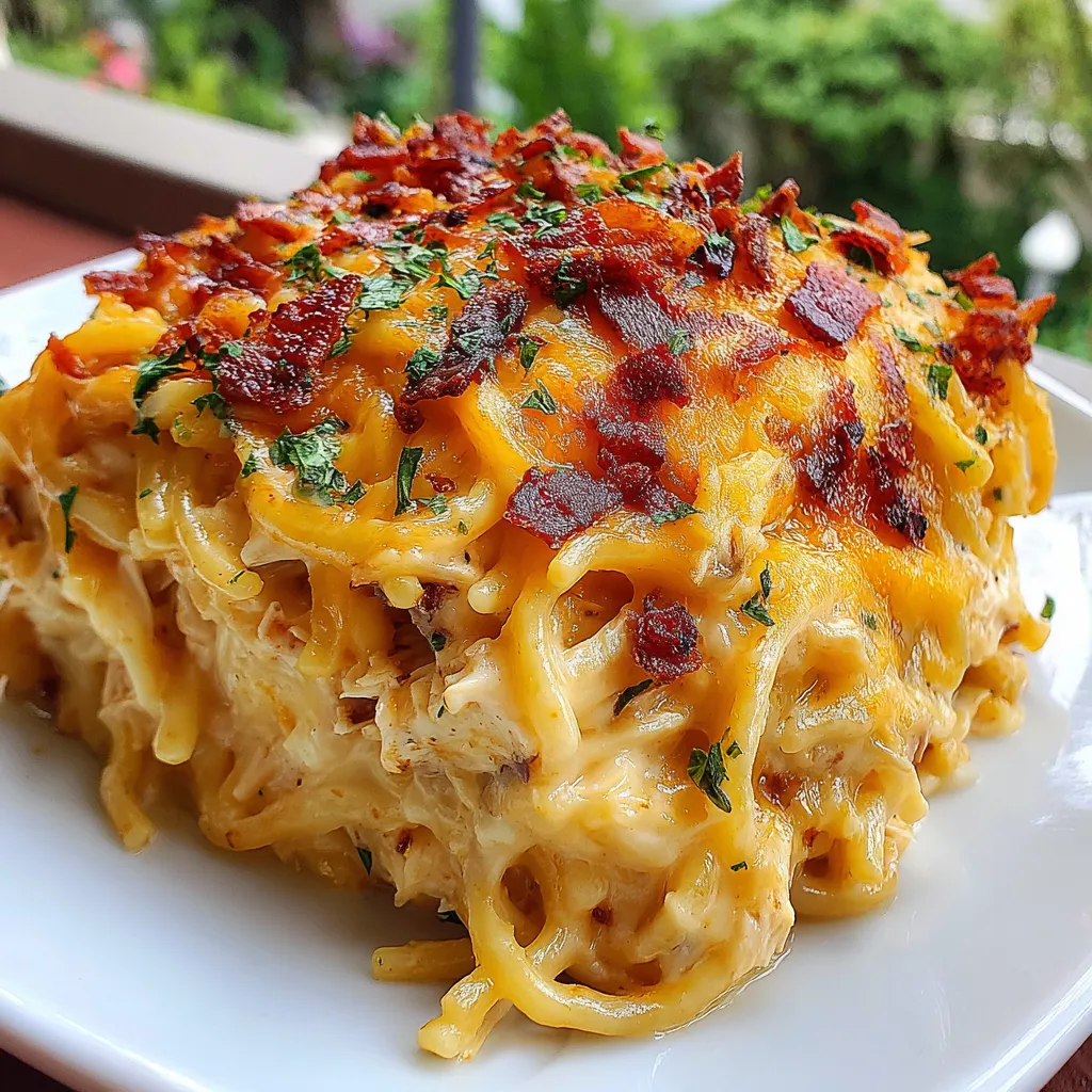 Spicy Southern Chicken Spaghetti Casserole, creamy and bubbly.