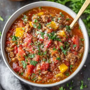High protein stuffed pepper soup in a red bowl.