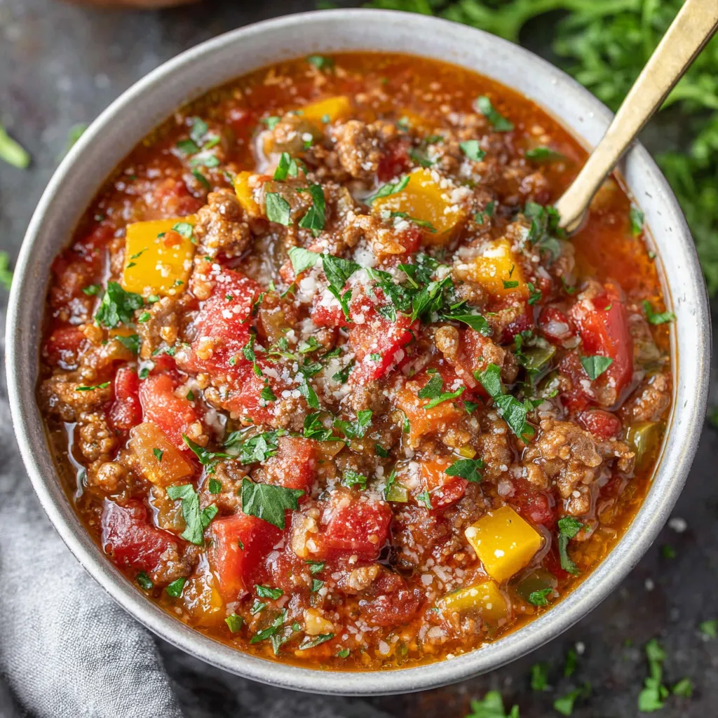 High protein stuffed pepper soup in a red bowl.
