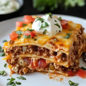 Taco lasagna recipe featured image: Layers of cheesy ground beef & tortillas.