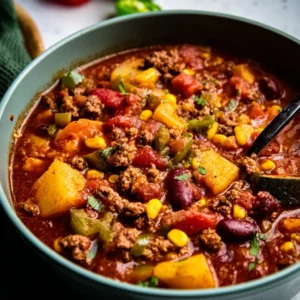 Cowboy Stew close-up: hearty beef stew with beans, tomatoes, and vegetables.