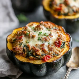 Sausage-stuffed acorn squash halves, baked and ready to eat.