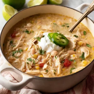 Creamy white chicken chili in a white bowl, ready to eat.