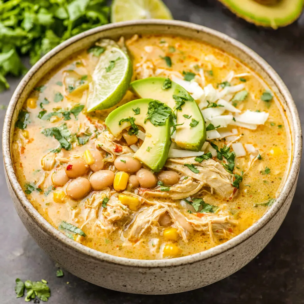 Creamy white chicken chili in a bowl. Hearty and delicious soup!