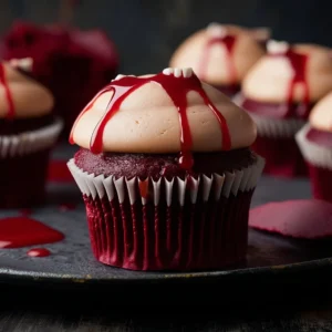 Vampire Bite Halloween Cupcakes: Red velvet cupcake with bloody bite mark.
