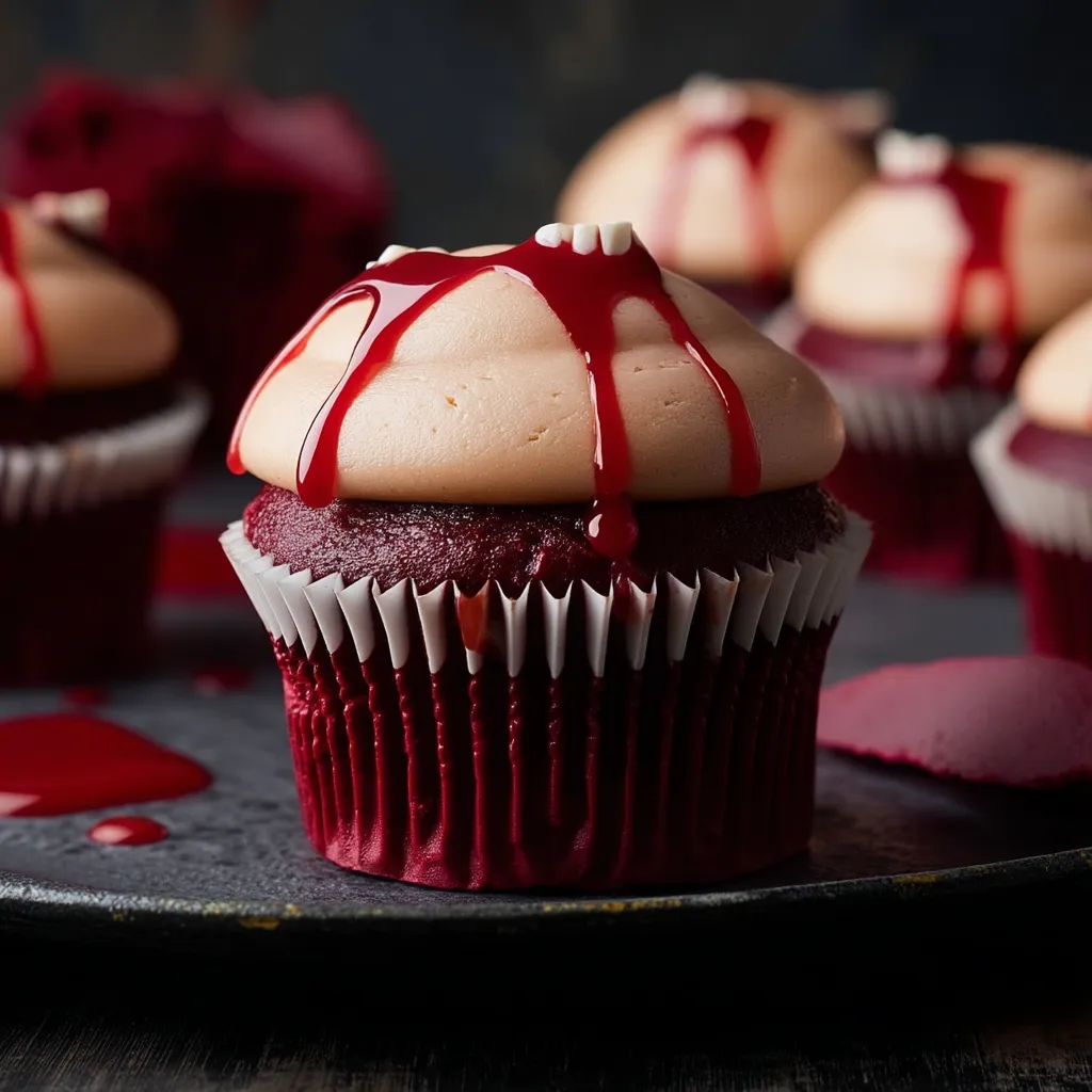 Vampire Bite Halloween Cupcakes: Red velvet cupcake with bloody bite mark.