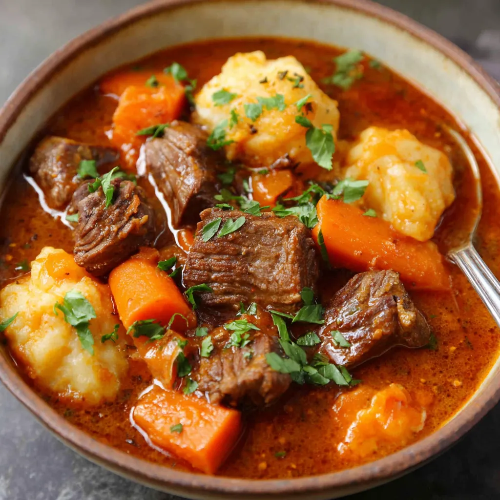 Witch's Cauldron Beef Stew simmering, hearty Halloween dinner recipe.