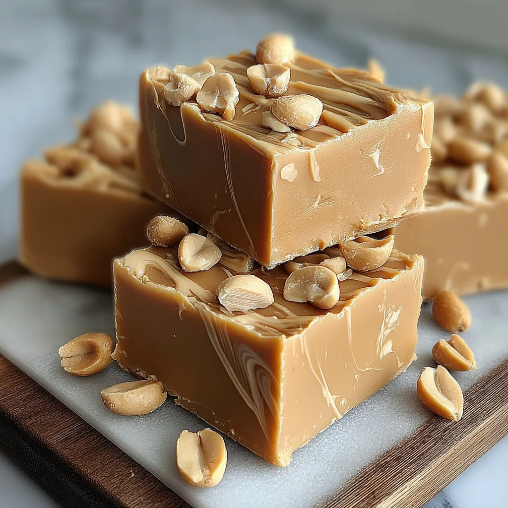 Easy 3-ingredient peanut butter fudge shown cut into squares, highlighting its creamy texture and simple preparation.