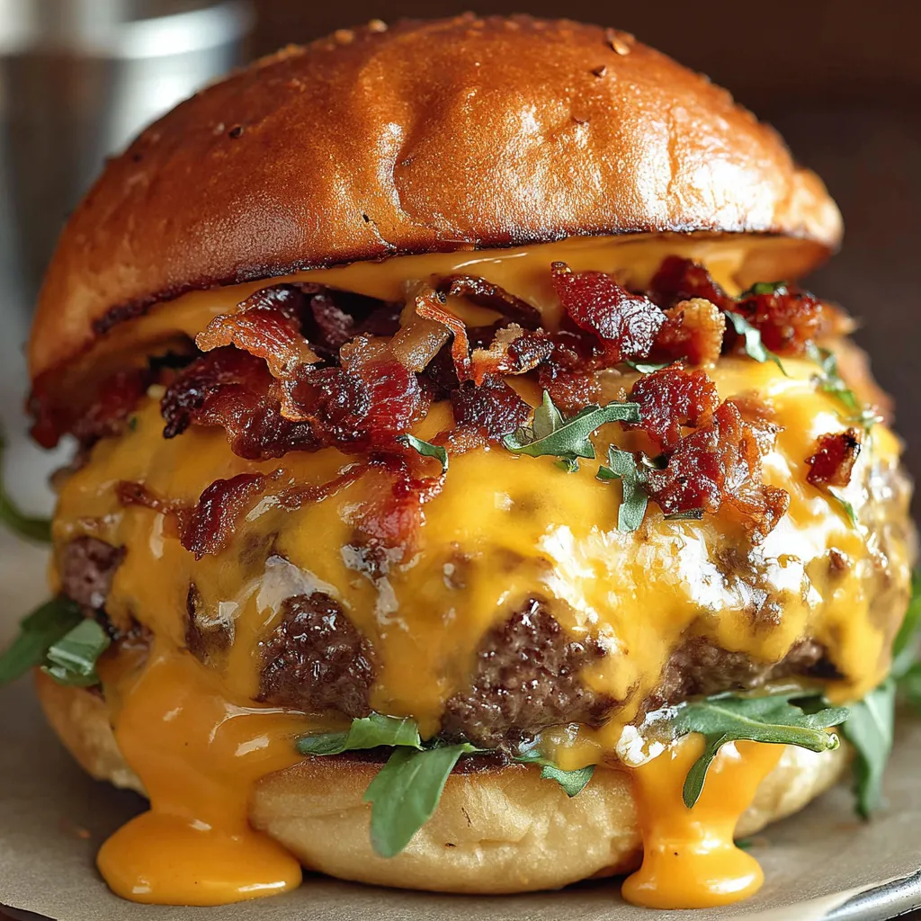 Close-up view of a juicy Crack Burger showcasing its melted cheese, crispy bacon, and special sauce, illustrating the mouthwatering appeal of this best-ever burger recipe.