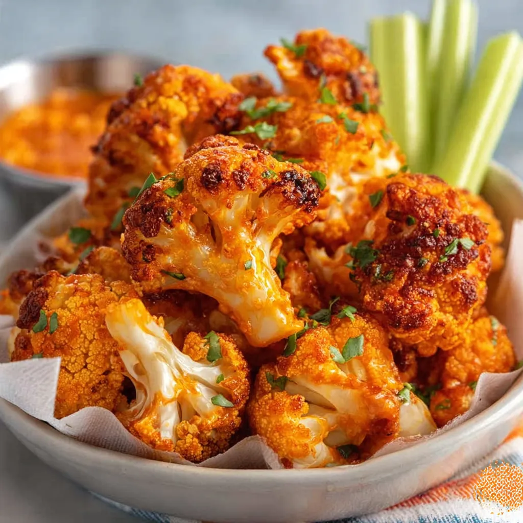 Close-up view of crispy Air Fryer Buffalo Cauliflower florets tossed in buffalo sauce.