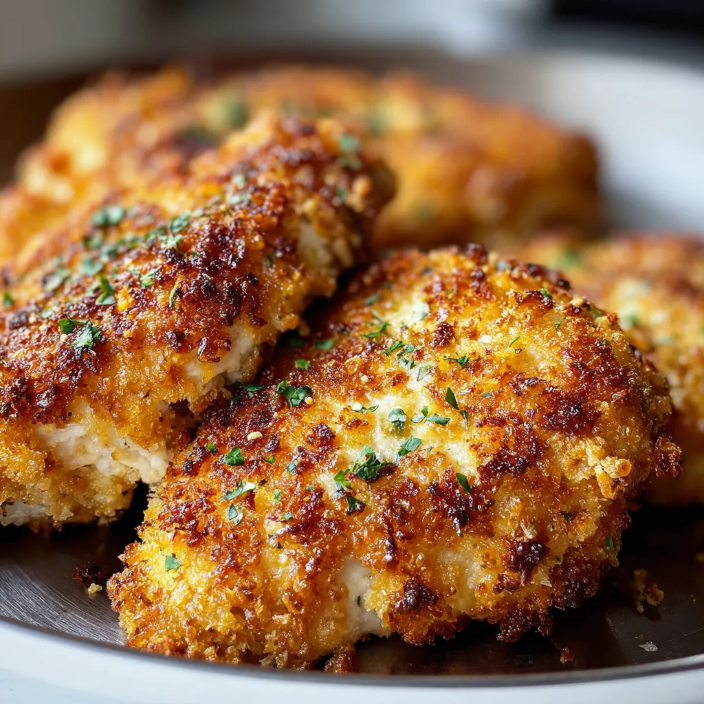Close-up of golden brown and crispy air fryer parmesan crusted chicken, showcasing its irresistible texture.