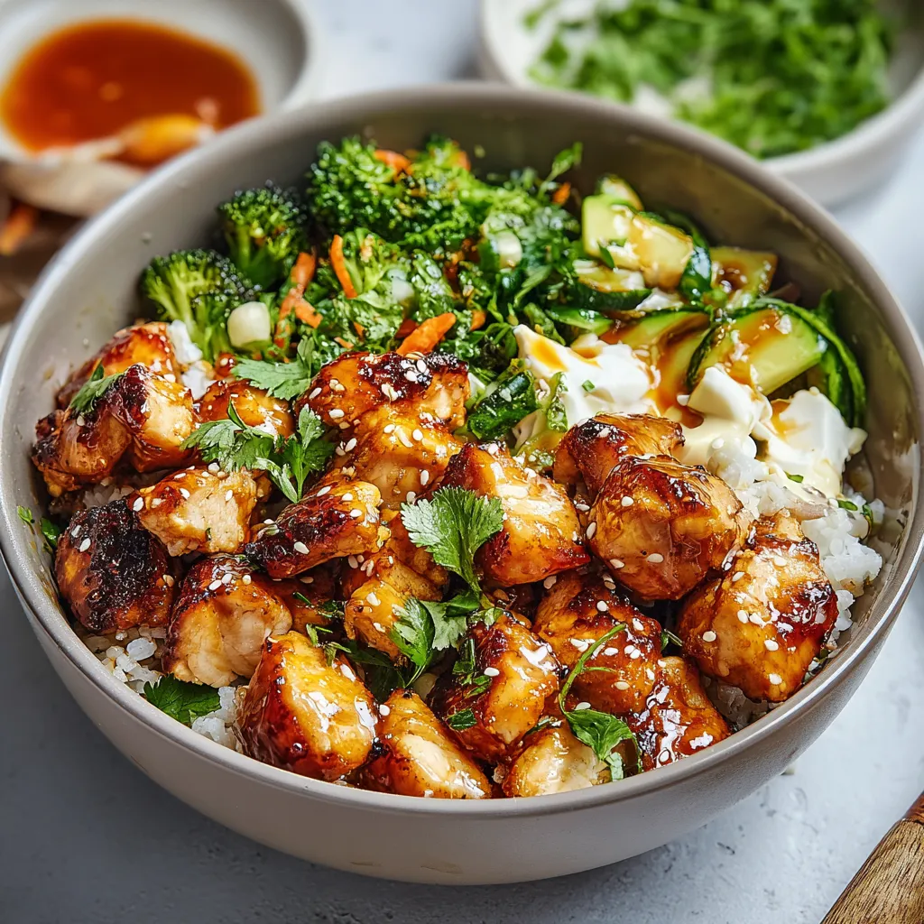 A close-up shot showcases a delicious Hot Honey Chicken Bowl featuring crispy chicken, rice, and colorful toppings.