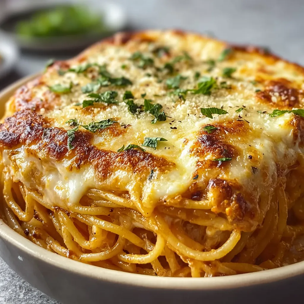 Creamy Baked Cream Cheese Spaghetti Casserole is shown in a second image highlighting its cheesy, baked texture.