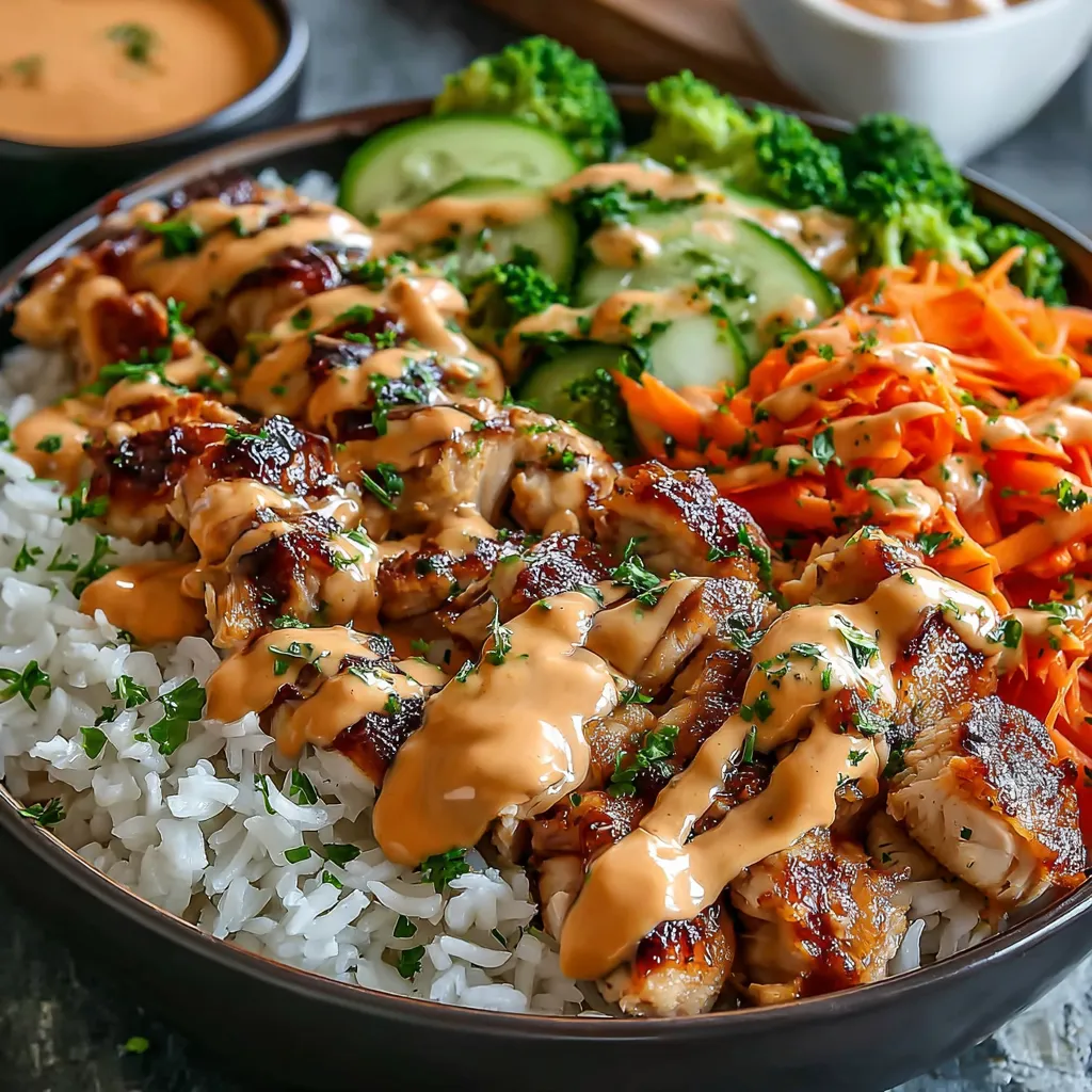 Close up view of a colorful and delicious bang bang chicken bowl with crispy chicken, rice, and vibrant vegetables, complementing the easy recipe instructions.