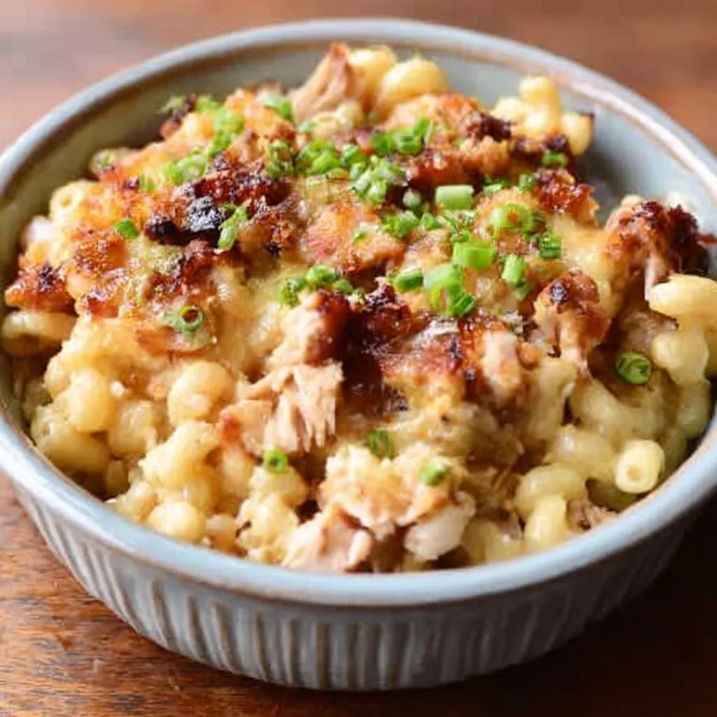 BBQ chicken mac and cheese, a cheesy and comforting weeknight dinner, is shown in a second photo.