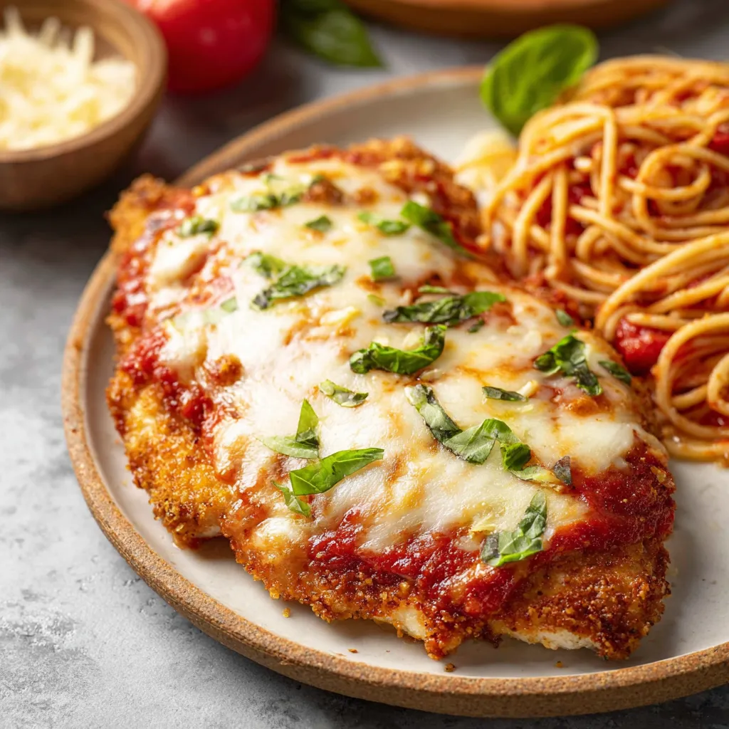 A close-up shot showcasing the crispy breading and melted cheese on a delicious serving of Baked Chicken Parmesan.
