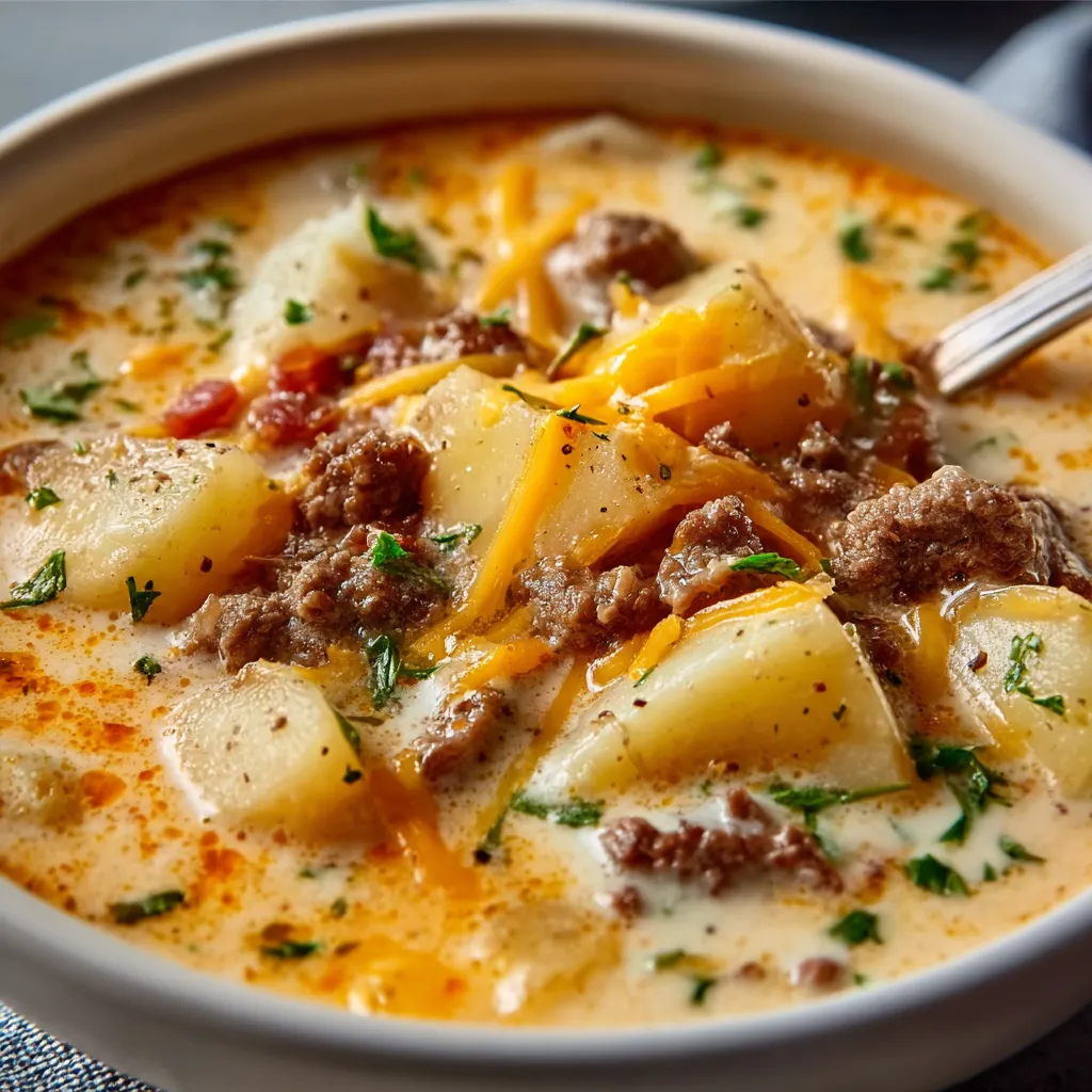 A close-up view showcases a steaming bowl of hearty Beef Potato Soup, perfect for a comforting meal.