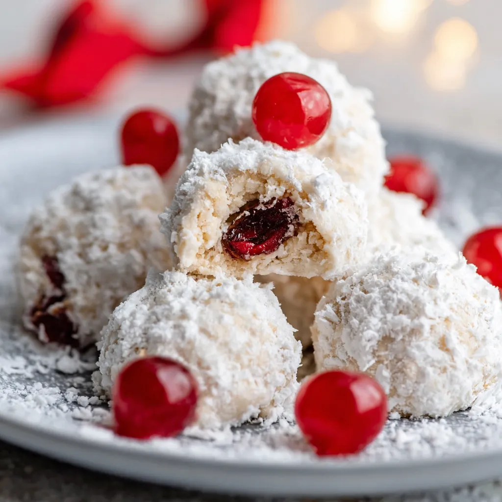 Close-up of festive Cherry Snowball Cookies, perfect for holiday baking.