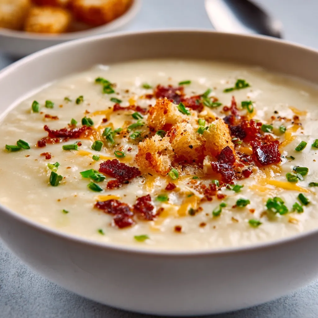 Creamy Dreamy Potato Soup is even more delicious when served hot and garnished with your favorite toppings, as shown in this image.