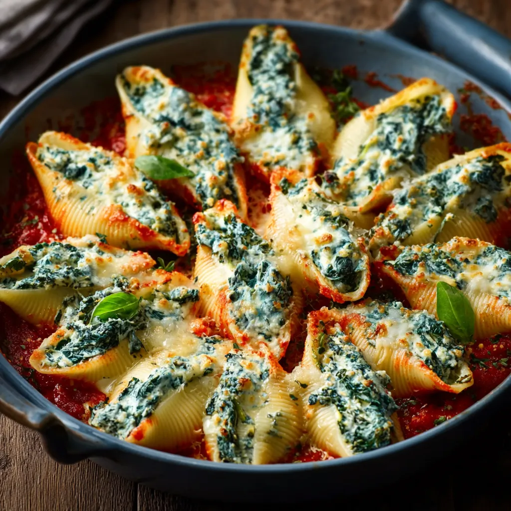 Easy spinach and ricotta stuffed shells recipe image showcasing the cheesy baked shells ready to be served.
