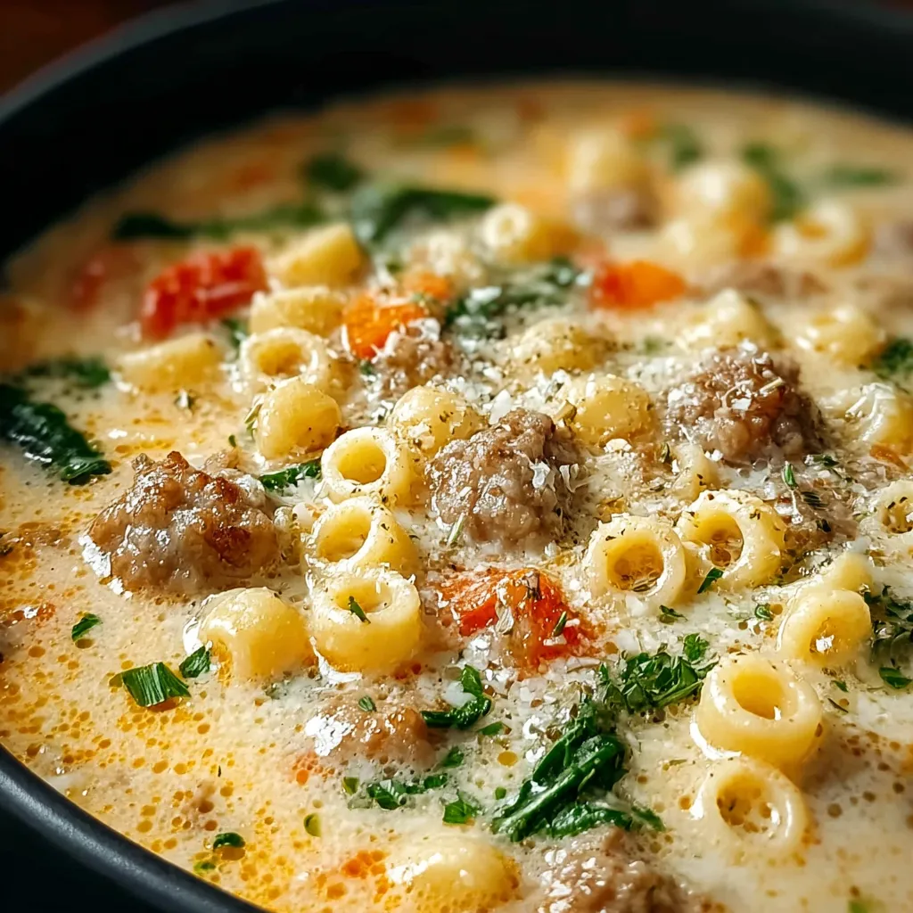Close-up view of a steaming bowl of Italian Sausage Ditalini Soup, showcasing the pasta, sausage, and rich broth.