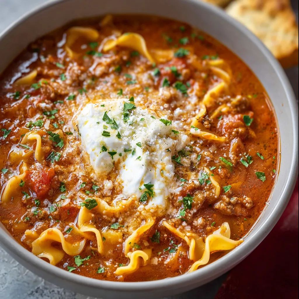 Close-up of a delicious bowl of Lasagna Soup ready to be enjoyed.