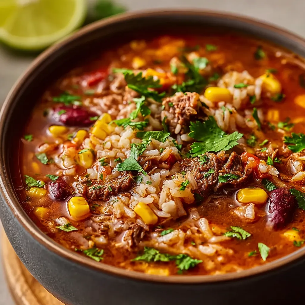 Close-up view of flavorful Mexican Beef And Rice Soup in a bowl.