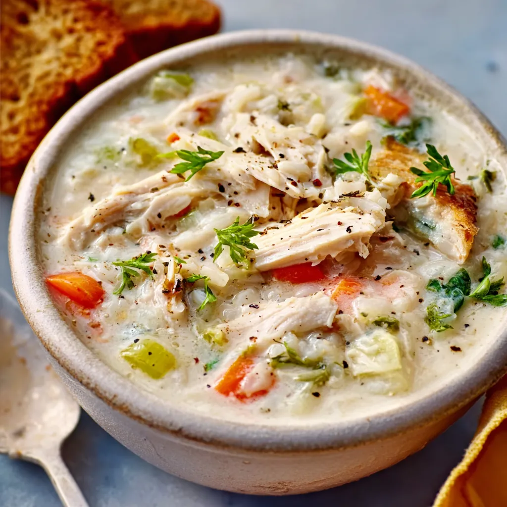 Close-up of creamy White Chicken Rice Soup in a bowl, ready to eat.