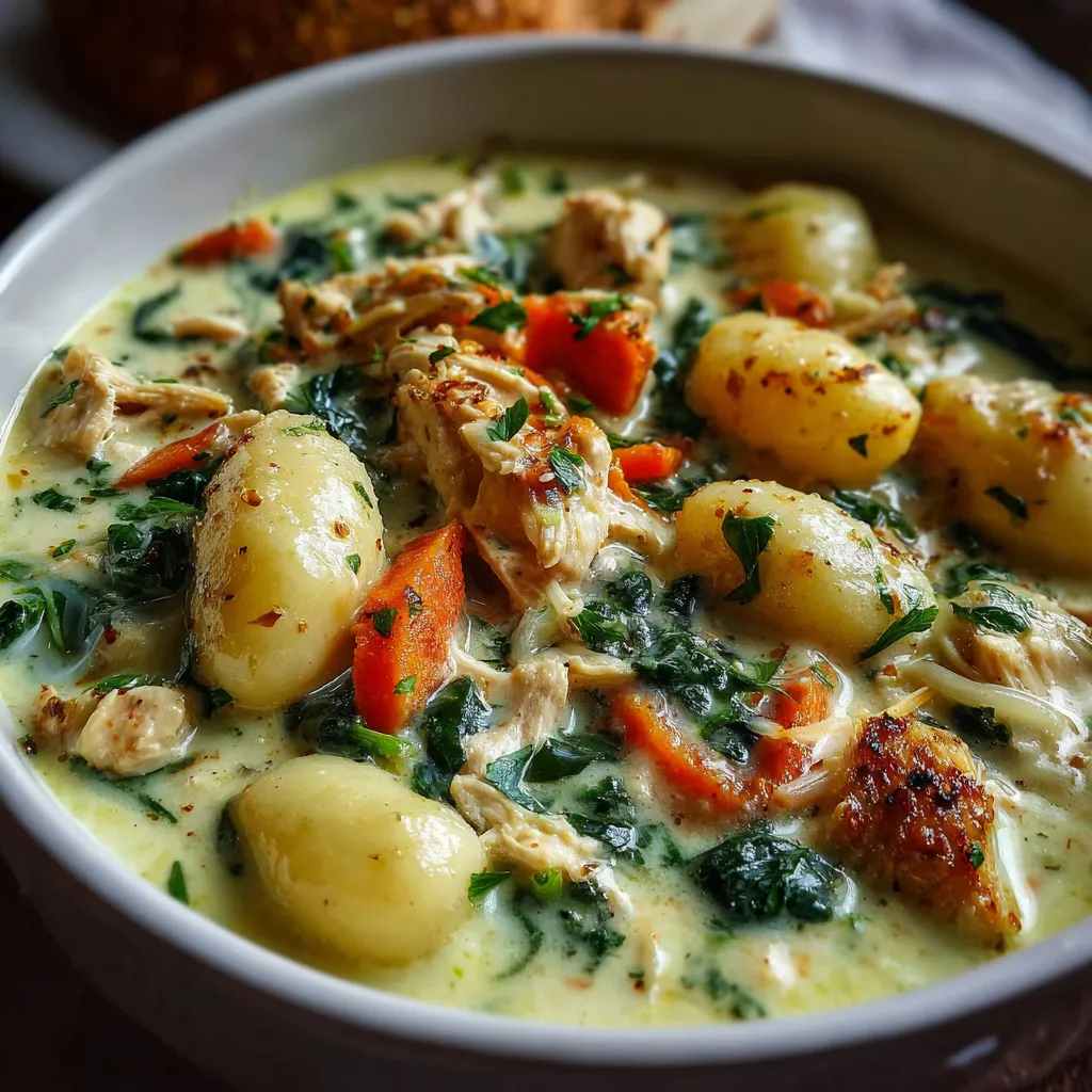 Easy Olive Garden Chicken Gnocchi Soup recipe second content image showing the creamy soup with chicken and gnocchi.