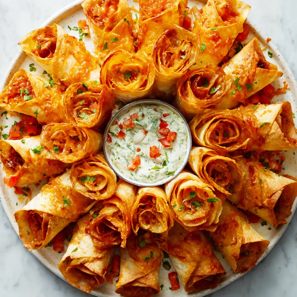 A close-up view of a blooming quesadilla ring, a delicious and easy party appetizer with visible melted cheese and colorful fillings inside golden-brown tortillas.