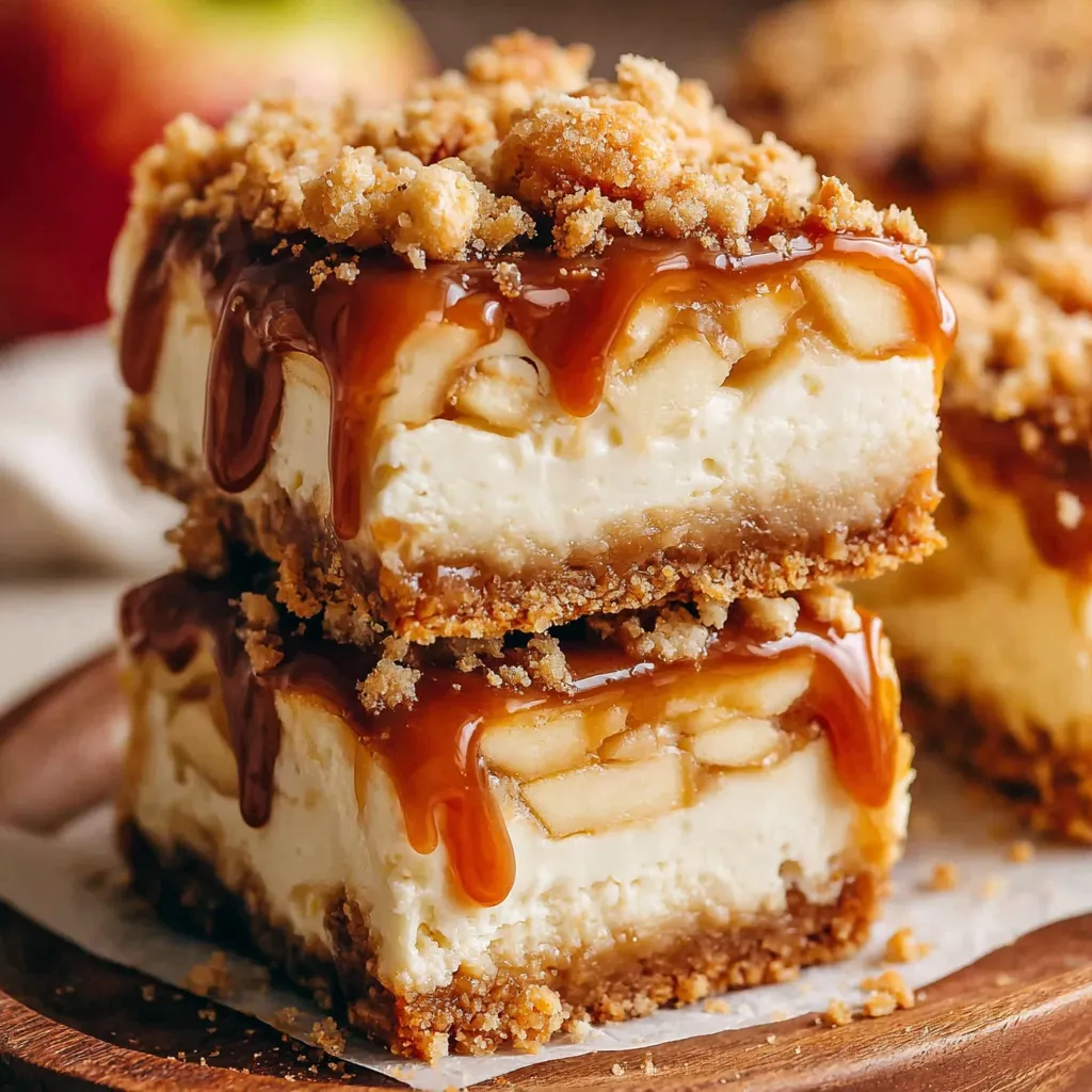 Easy caramel apple cheesecake bars recipe image showcasing the finished dessert sliced into bars with visible layers of graham cracker crust, creamy cheesecake filling, and a topping of gooey caramel and apple pieces.