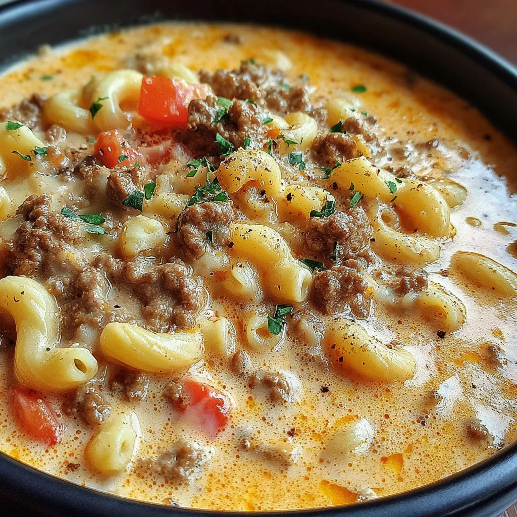 Cheeseburger soup with macaroni, ground beef, no Velveeta.