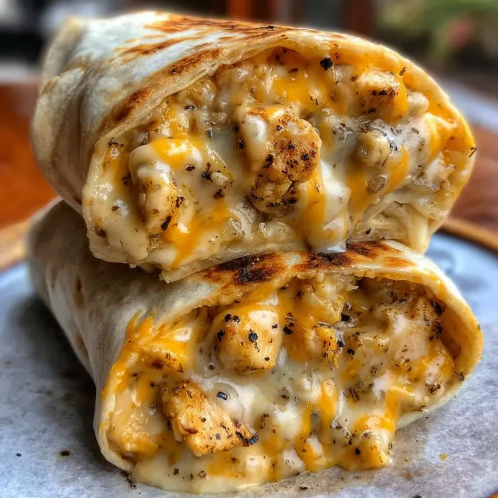 Cheesy garlic chicken wraps close-up, easy dinner recipe.