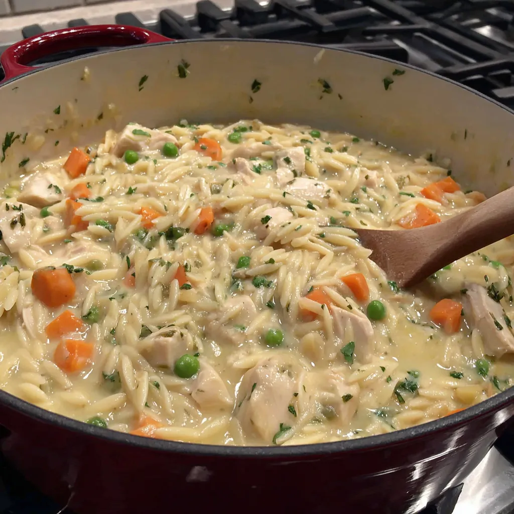 Creamy chicken pot pie orzo, a comforting twist on classic pot pie, is showcased in this second content image.