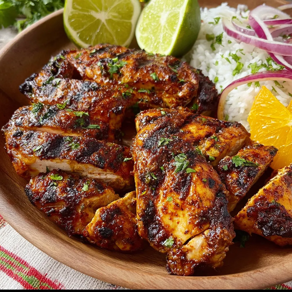 Close-up view of perfectly grilled pollo asado, showcasing the vibrant colors and textures of this Chipotle-inspired chicken dish.