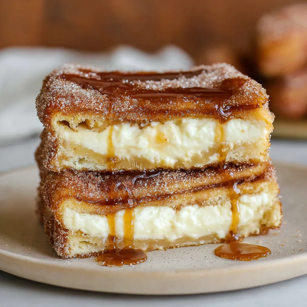 Close-up view of a decadent churro cheesecake slice showcasing its layers of creamy filling, crispy churro topping, and caramel drizzle, tempting viewers to indulge in this churro cheesecake heaven.