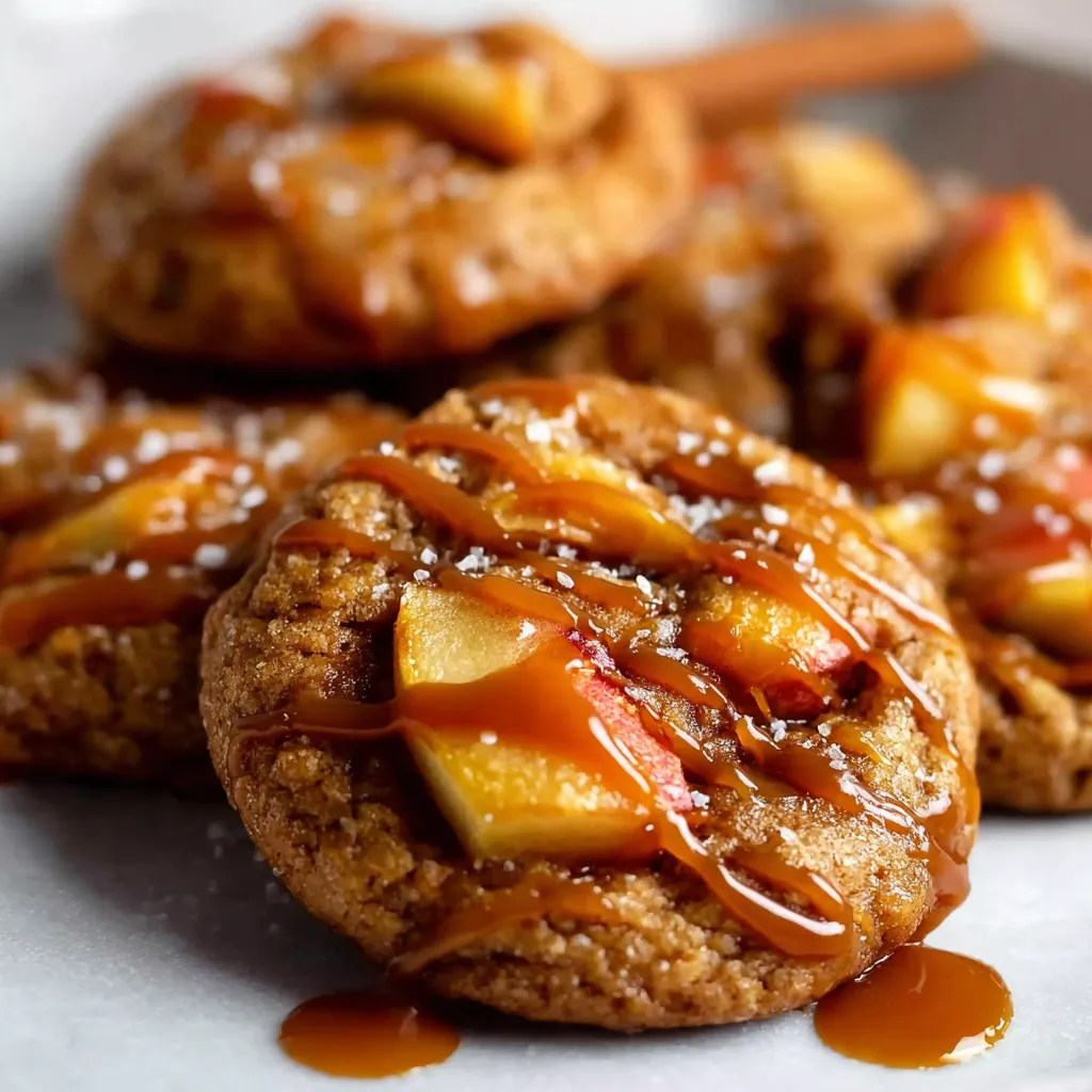 Soft caramel apple cookies with cinnamon are shown in a second delectable image, highlighting their chewy texture and warm, autumnal spices.
