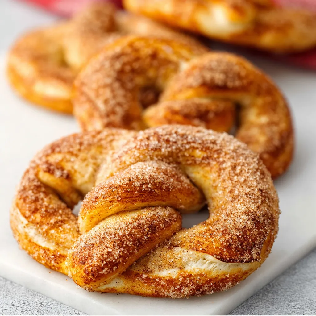 Close-up of freshly baked, golden brown cinnamon sugar soft pretzels sprinkled with cinnamon sugar, showcasing the delicious texture and easy recipe for homemade treats.