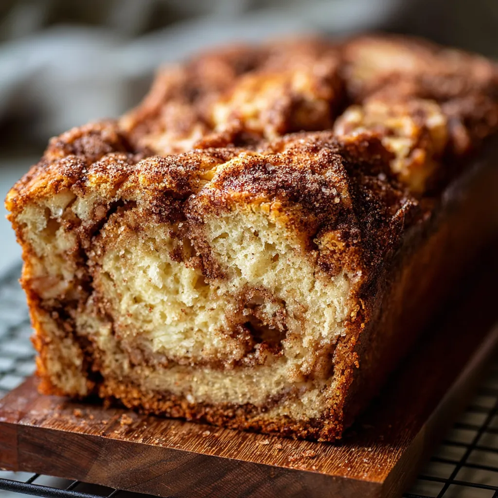 Close-up showcases the irresistible cinnamon swirl in our apple bread, highlighting its melt-in-your-mouth texture.