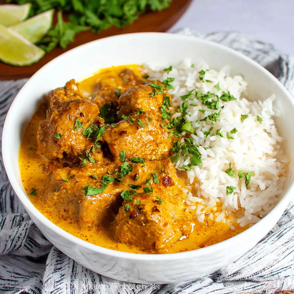 Creamy Instant Pot Coconut Chicken Curry is shown in a serving bowl, showcasing the dish's rich texture and appealing presentation.