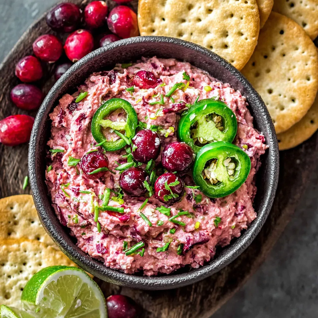 Spicy Zesty Cranberry Jalapeno Dip recipe second content image shows a close-up of the finished dip with visible cranberries, jalapenos, and a creamy texture, ready to be served.