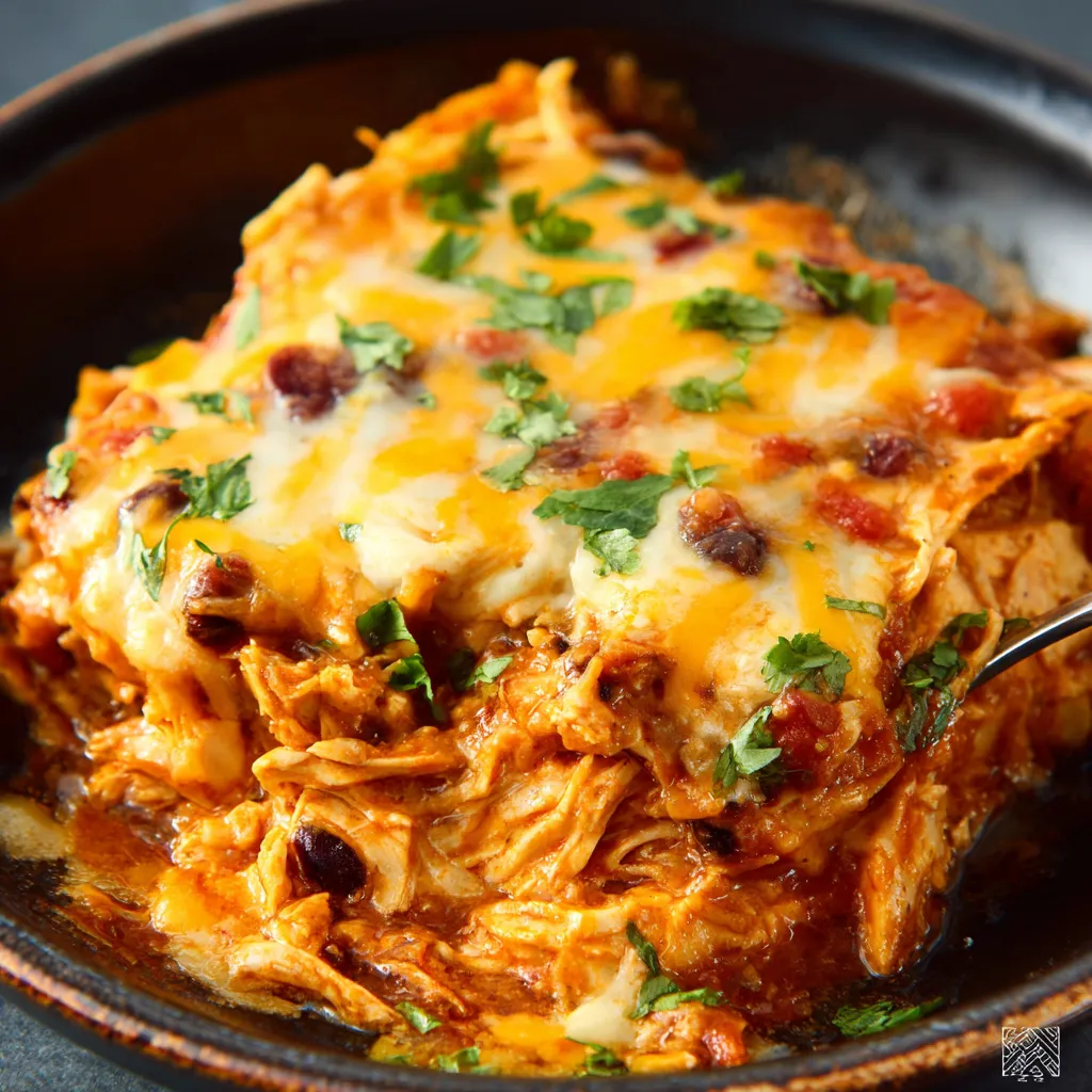 Easy slow cooker chicken enchilada casserole is shown as a delicious layered meal in a baking dish, ready to serve.
