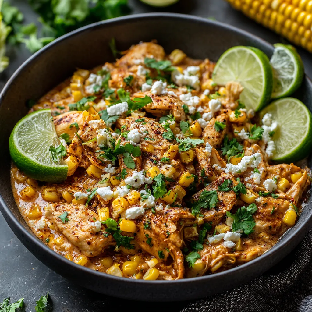 Slow cooker street corn chicken, close-up. Creamy, cheesy chicken and corn.