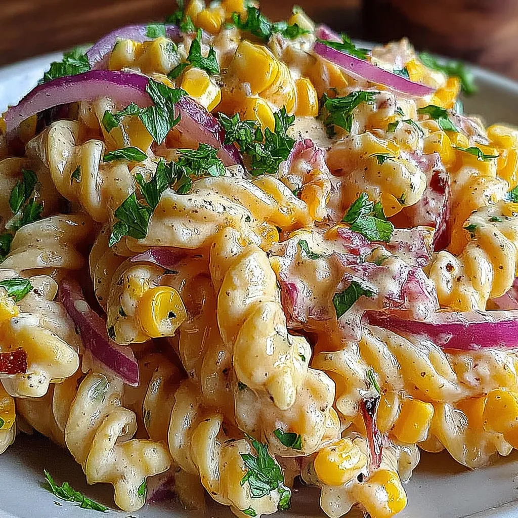 Close-up of the creamy, flavorful Best Amazing Street Corn Pasta Salad recipe showcasing its vibrant colors and textures.