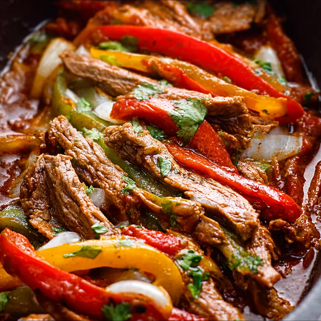 Close-up of delicious, sizzling crockpot fajitas, showcasing tender, slow-cooked beef and vibrant bell peppers for a quick and easy dinner.
