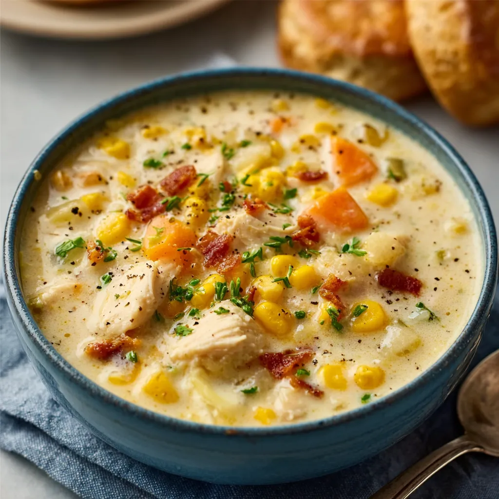 Creamy crockpot chicken corn chowder simmers in a slow cooker, showcasing the dish's comforting texture and inviting aroma.