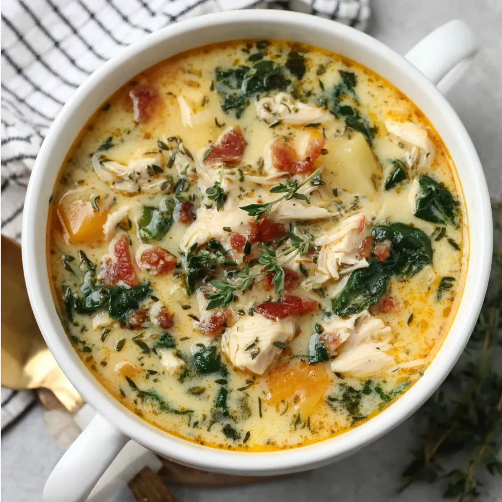 Close-up of creamy chicken butternut squash soup showcasing its rich texture and vibrant color, enticing readers to try this comforting recipe.