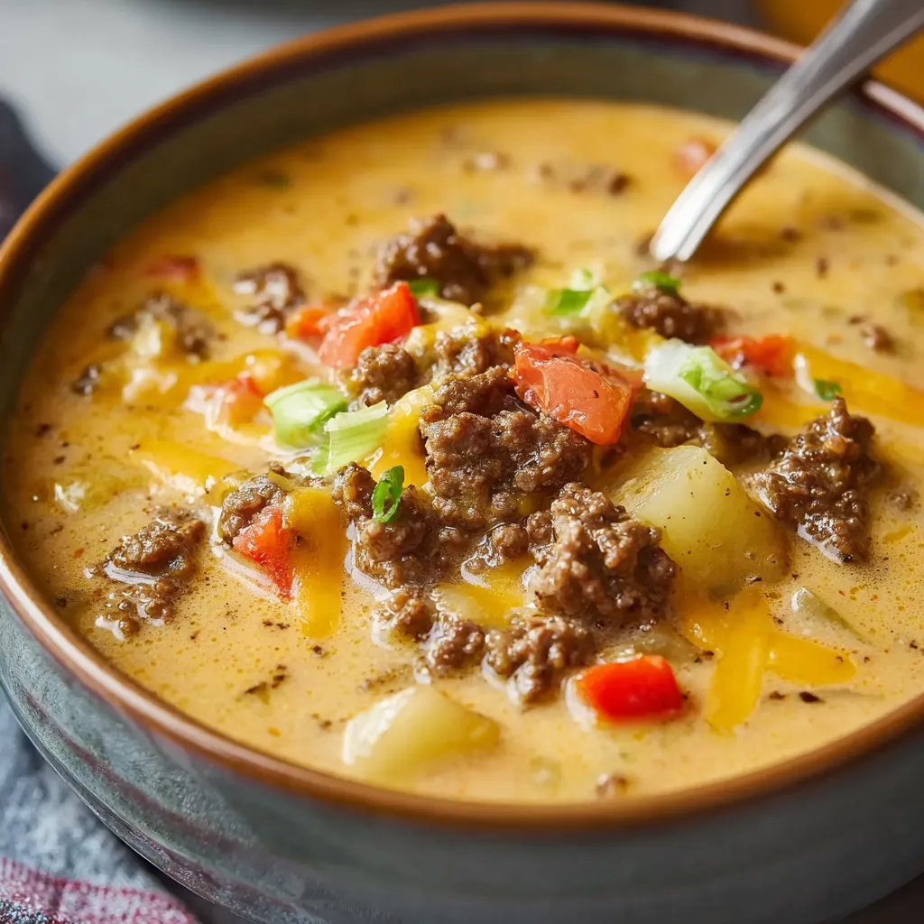 Close-up view of a bowl of Creamy Crockpot Cheeseburger Soup, showcasing its creamy texture and melted cheese.