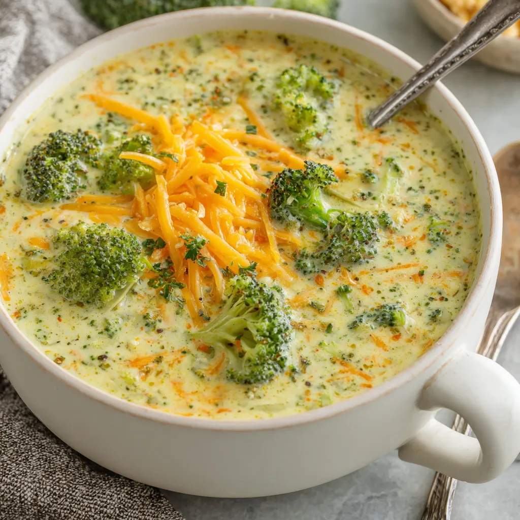 Creamy high protein broccoli cheddar soup fills a bowl, highlighting its comforting texture and nutritious ingredients.