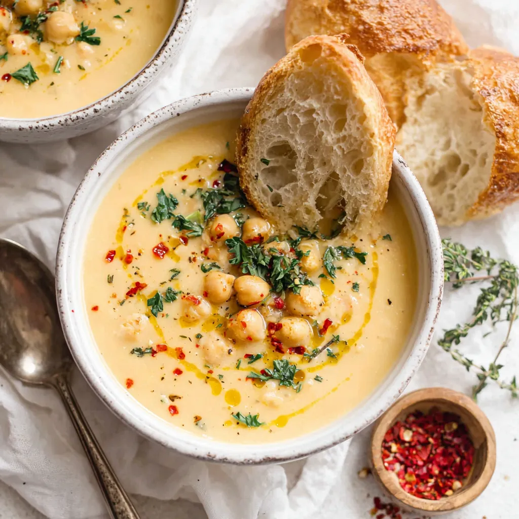 Best Garlic Chickpea Soup recipe content image showcasing the creamy texture and vibrant colors.